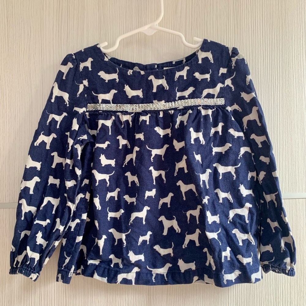 Mini Boden Navy Blue Sequin Dog Blouse Size 3T